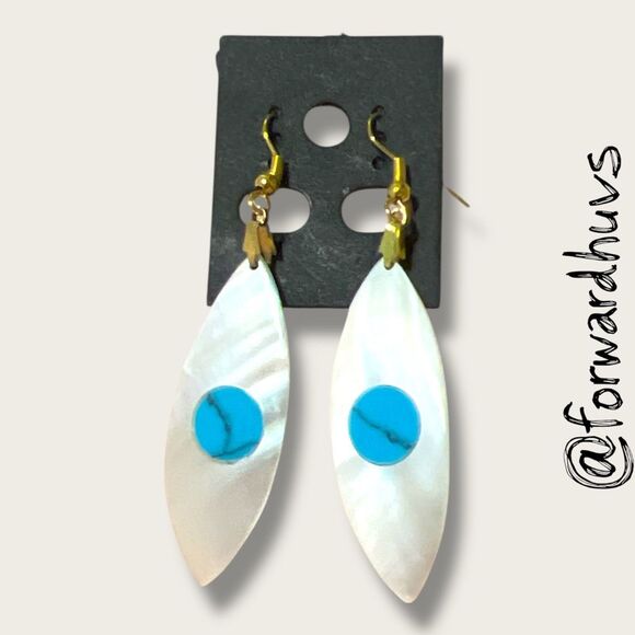 Handcrafted Mother of Pearl Earrings with Faux Turquoise Stone Inlay - Picture 1 of 7